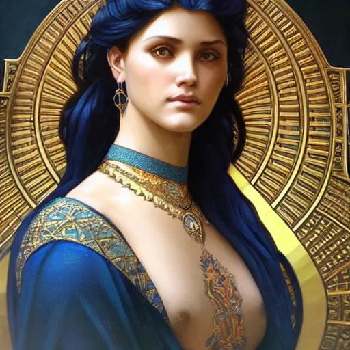 Image similar to a beautiful portrait of a woman inspired by the ishtar gate in ancient babylon. highly detailed face. art by artgerm and greg rutkowski and alphonse mucha