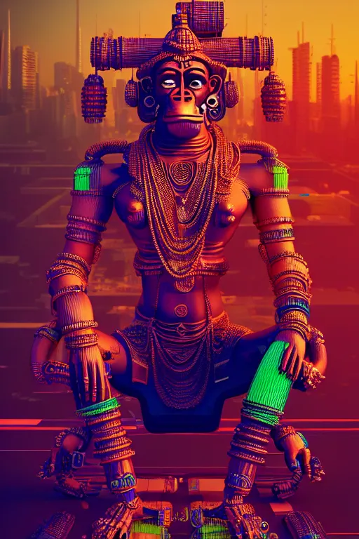 Prompt: high quality 3 d render colorful deconstructed cyborg! hanuman sitting, gold madhubani, highly detailed, cyberpunk!! mumbai in the background, vray cinematic smooth, liam wong, moody light, low angle, uhd 8 k, sharp focus