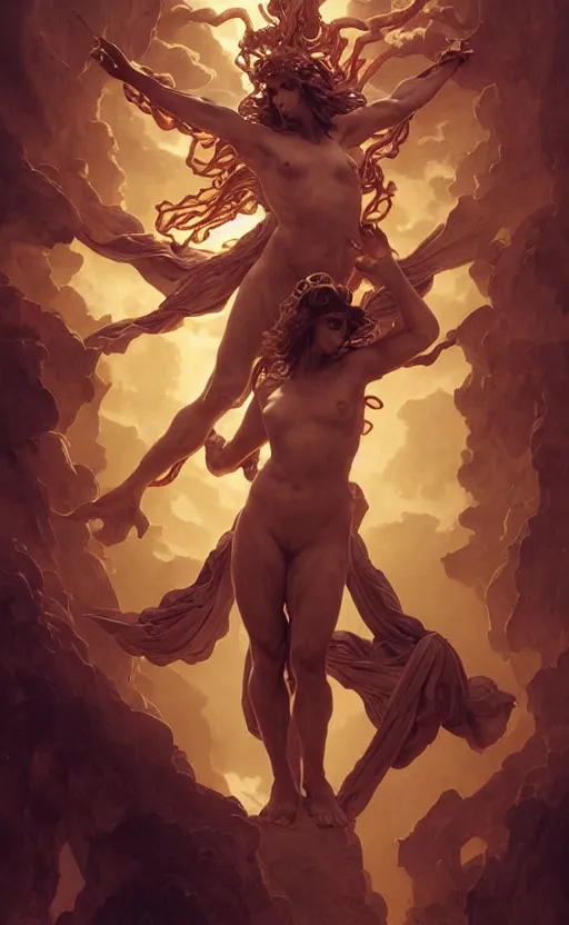 Prompt: four armed statue of a demon of the sun descending from olympus, four arms, dramatic lighting, flowing tendrils, artstation, concept art, smooth, sharp focus, illustration, art by artgerm and greg rutkowski and alphonse mucha and william adolphe bouguereau and john william waterhouse and gianlorenzo bernini