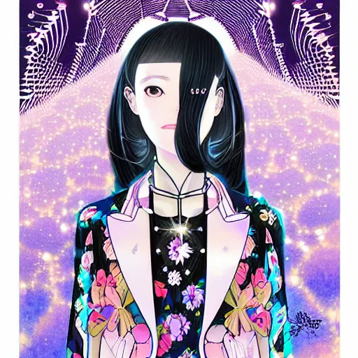 Image similar to ai yazawa cover illustration of very symmetrical portrait of woman in a steetwear illustration of cute cool fashion worn in the far future with glowing led lights and plants, futuristic!!! haute couture fashion!!!!, nanotechnology and cybernetics!!! and solar power and prosthetic, detailed elegant manga illustration intaglio