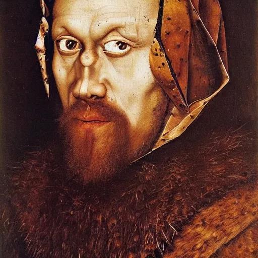 Image similar to portrait of wolf wolfman, oil painting by jan van eyck, northern renaissance art, oil on canvas, wet - on - wet technique, realistic, expressive emotions, intricate textures, illusionistic detail