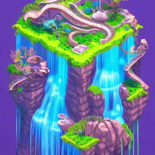 Prompt: isometric webdesign icon for paradise blossoming aquarium of eden with waterfall, 3 d render, by artgerm, tooth wu, dan mumford, beeple, wlop, rossdraws, james jean, andrei riabovitchev, marc simonetti, yoshitaka amano, artstation