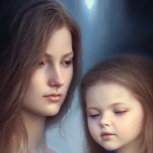 Image similar to pure love is patient love is kind, mother and child ; photorealistic oil painting by charlie bowater and mark brooks ; highly detailed cute faces by wlop ; trending on artstation ; 8 k high resolution, symmetrical, cinematic, high coherence, golden ratio, rule of thirds, perfectly centered ; anatomically correct faces