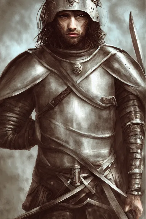 Prompt: half - length portrait of a depressed medieval warrior. fantasy, digital painting, hd, detailed.