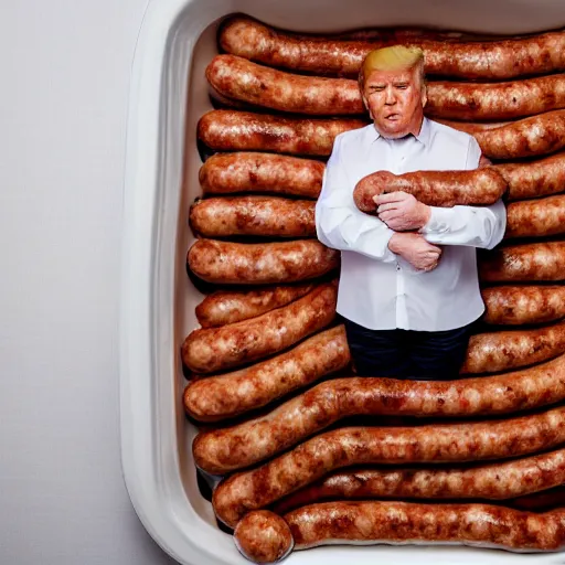 Prompt: Donald Trump in a bed covered in sausages, Canon EOS R3, f/1.4, ISO 200, 1/160s, 8K, RAW, unedited, symmetrical balance, in-frame