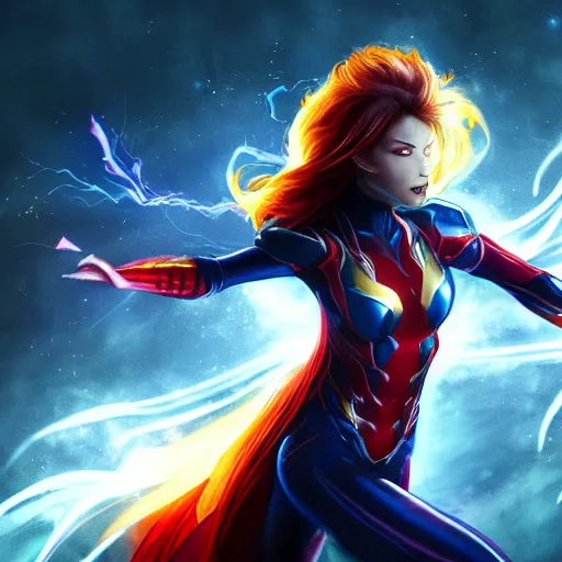 Prompt: vfx marvel woman with flowing fire hair and glowing eyes, super hero pencil art full body action pose, volumetric lightning, highly detailed, UE5 render, art station, center of picture.