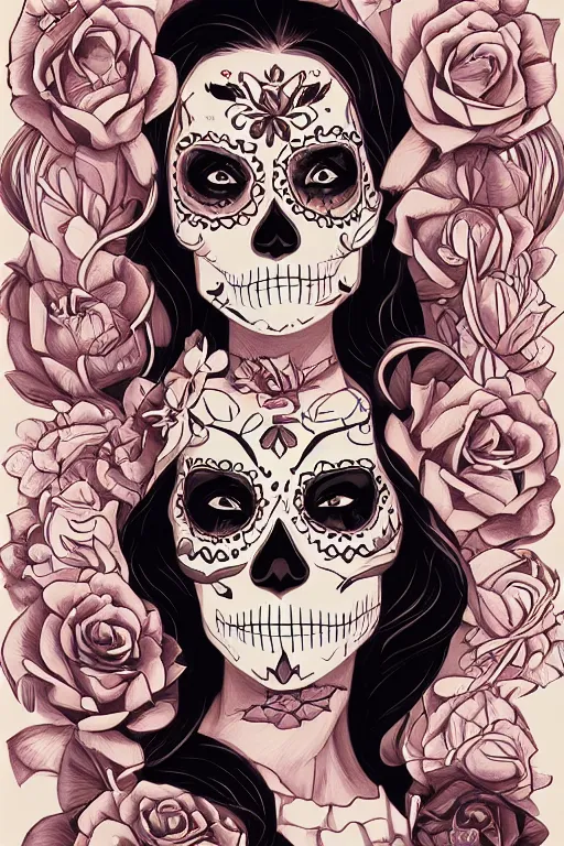 Image similar to illustration of a sugar skull day of the dead girl, art by atey ghailan