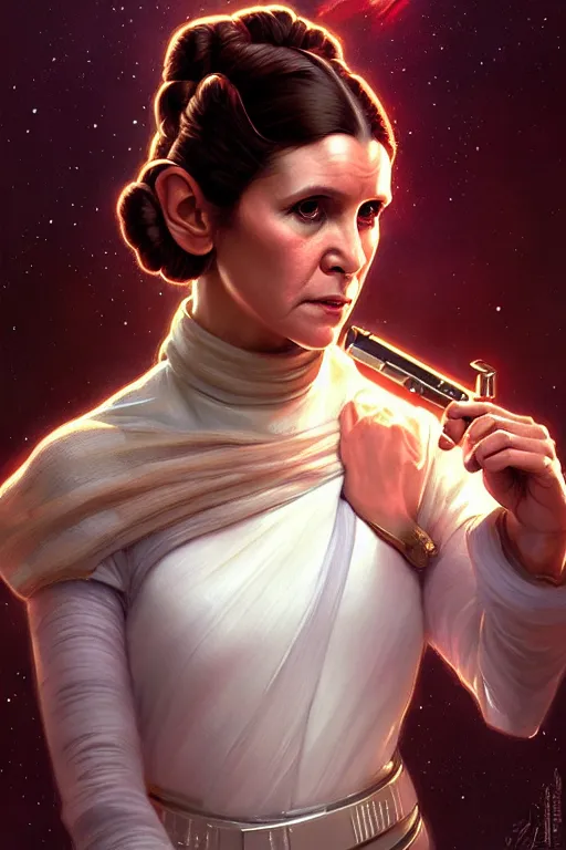 Image similar to portrait of princess leia, star wars, upper body, fantasy, intricate, elegant, highly detailed, digital painting, artstation, concept art, smooth, sharp focus, key light, illustration, art by artgerm and greg rutkowski and alphonse mucha