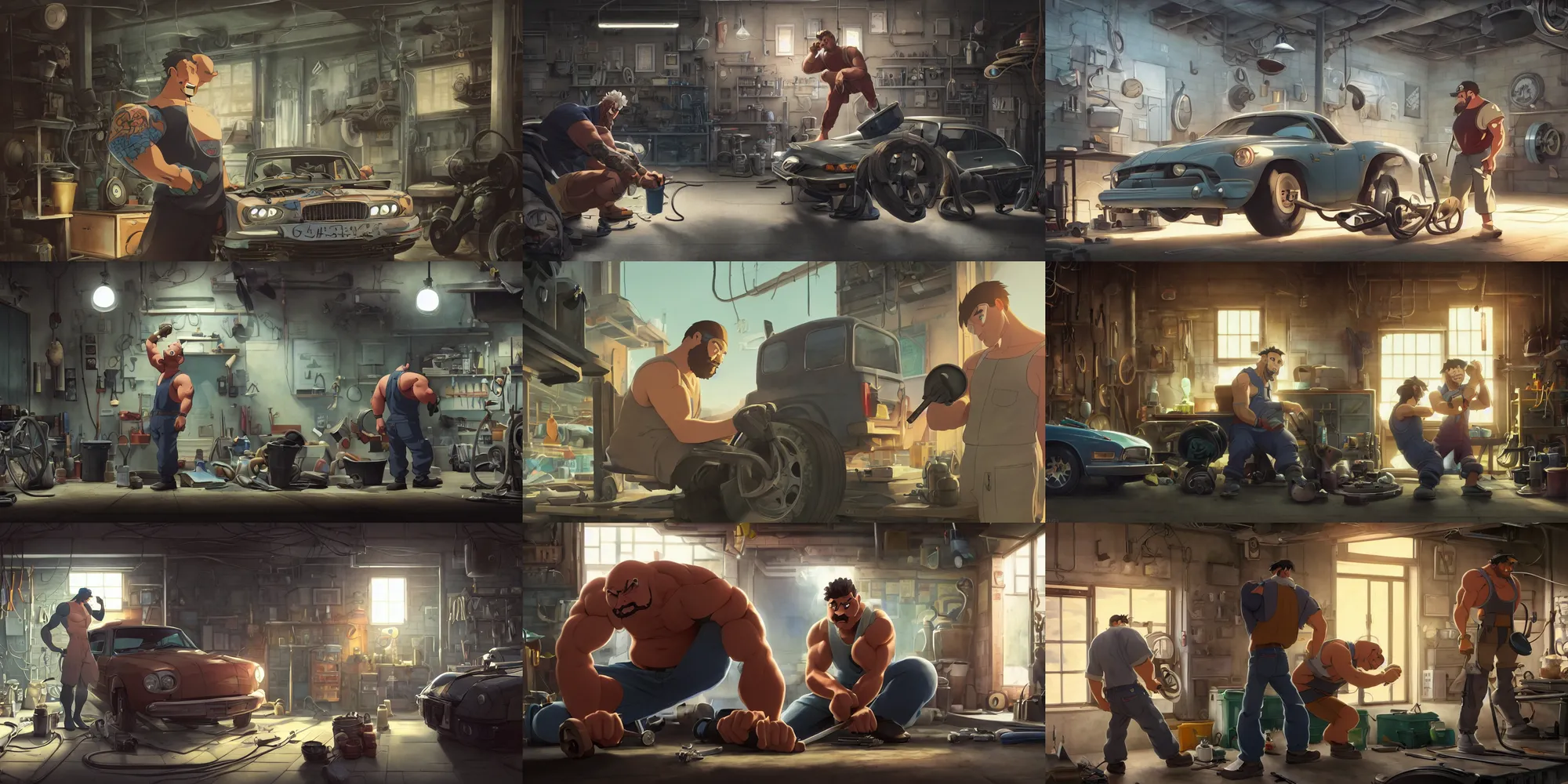 Prompt: a wholesome animation key shot of a strong tattooed man as an auto mechanic repairing a car in the garage, medium shot, waist up, studio Ghibli, Pixar and Disney animation, sharp, Rendered in Unreal Engine 5, anime key art by Greg Rutkowski, Bloom, dramatic lighting