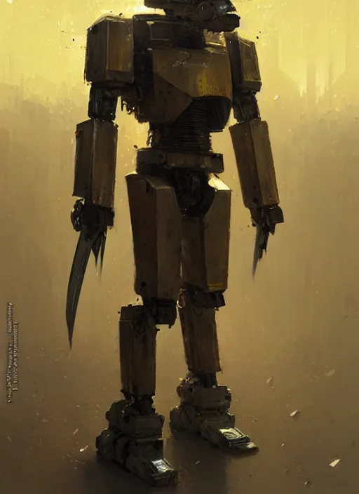 Prompt: human-sized strong intricate yellow pit droid carrying paladin medieval longsword!!!, pancake short large head painterly humanoid mecha, by Greg Rutkowski