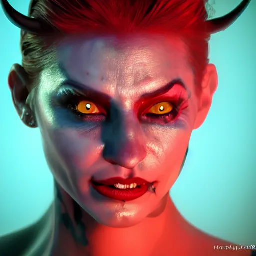 Prompt: photorealistic devil woman. hyperdetailed photorealism, 1 0 8 megapixels, amazing depth, high resolution, 3 d shading, 3 d finalrender, 3 d cinematic lighting, glowing rich colors, psychedelic overtones, artstation concept art.