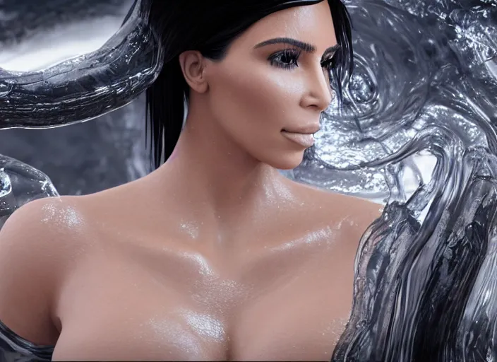 Prompt: epic still of kim kardashian trapped in a transparent alien liquid, wet flowing hair, gooey skin, illustration, unreal engine 5, 8 k, made by h. r. giger.