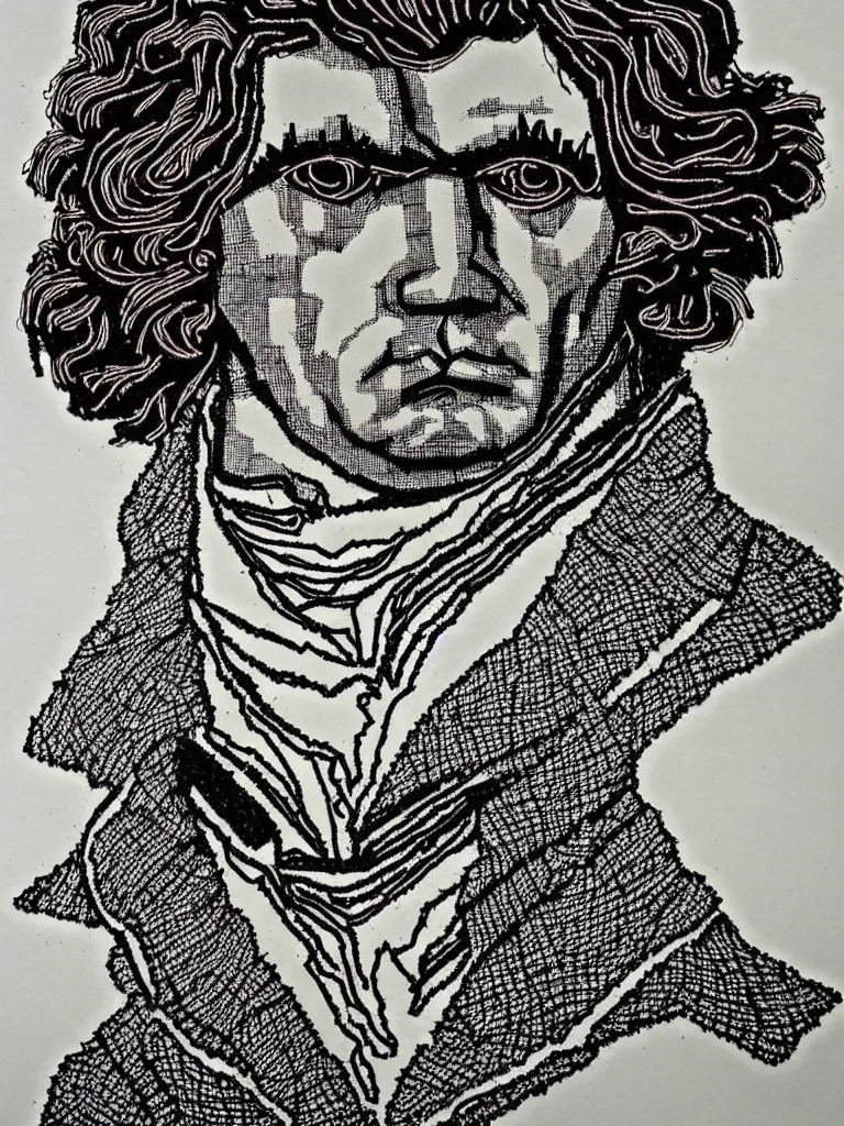 Prompt: a detailed wire art portrait of writer beethoven, inspired by the work of egon schiele.