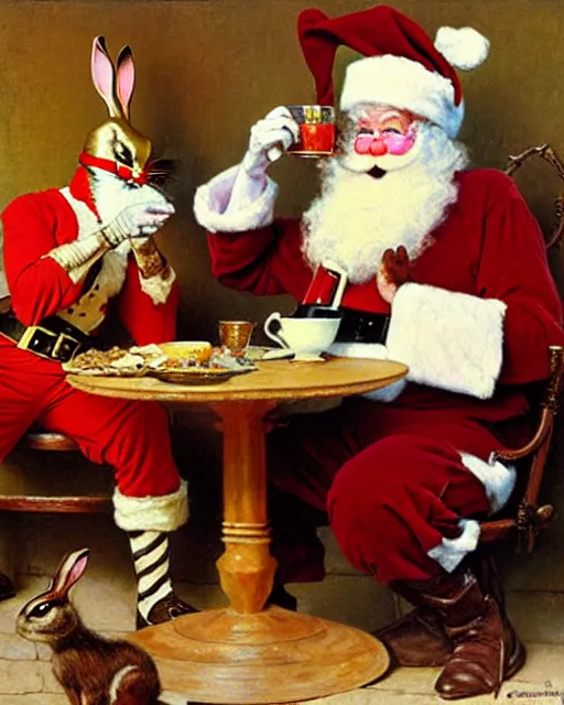Image similar to easter bunny and santa having tea at high noon, painting by gaston bussiere, craig mullins, j. c. leyendecker, norman rockwell