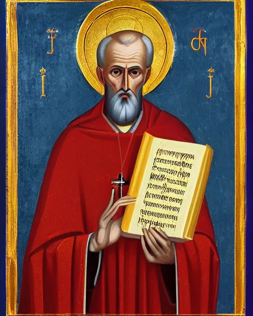 Image similar to portrait of full - length icon of saint nicholas by jaroslav cermak, showing him with a halo, dressed in clerical garb, and holding a book of the scriptures in his left hand while making the hand gesture for the sign of the cross with his right, by peter andrew jones, hd, hyper detailed, 4 k