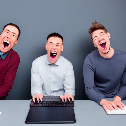 Prompt: several guys typing on keyboard while laughing very hard, mouth wide open tsticking tongues out, studio light, grey background, photorealsitic