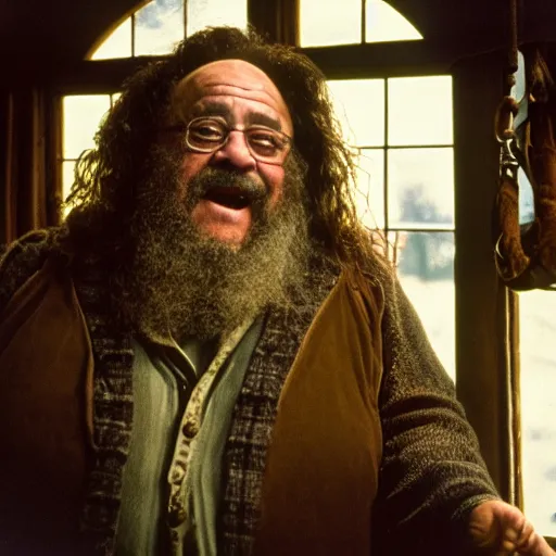 Prompt: Danny Devito as Hagrid in his cabin, 35mm film