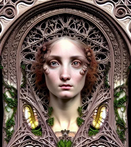 Image similar to hyperrealistic detailed face portrait of a beautiful young goddess morphing into a gothic cathedral, authentic ornamental architecture, intricate and highly detailed, awe inspiring art by ernst haeckel, h. r. giger, alphonso mucha, android jones, james jean, gothic, neo - gothic, heavily ornamental, nice deep colours,