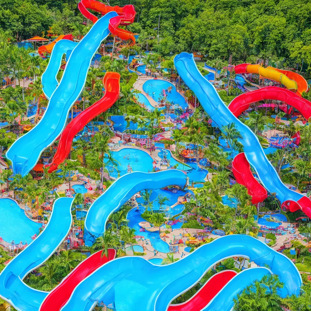 Prompt: colorful water slides with pools of bright blue water, lazy river, birds eye view