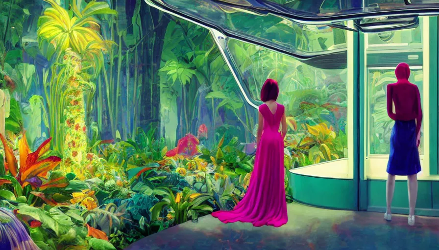 Prompt: a vibrant dream of one beautiful girl wearing balenciaga from behind looking through a museum of the world's best digital art, lush plants, a monorail train, glowing lights, high fashion, magic details, by moebius, edward hopper, james gilleard, and james jean, hd, 8 k, trending on artstation, uhd,