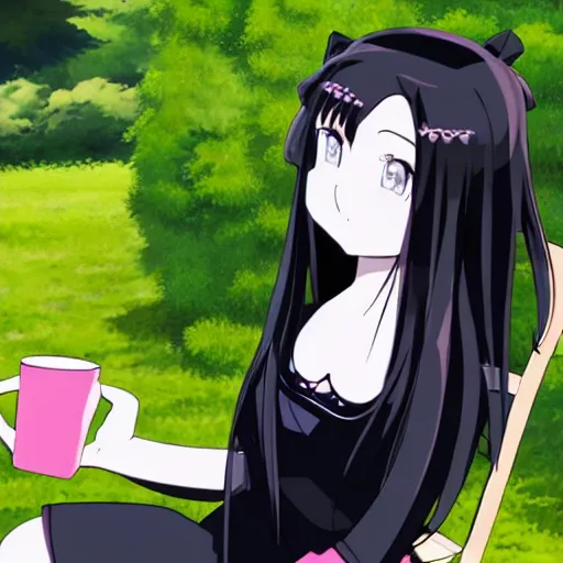 Image similar to A pale skin, long black hair, grey eyes girl wearing a black dress, sitting on a chair in the middle of a garden and holding a tea cup, anime style