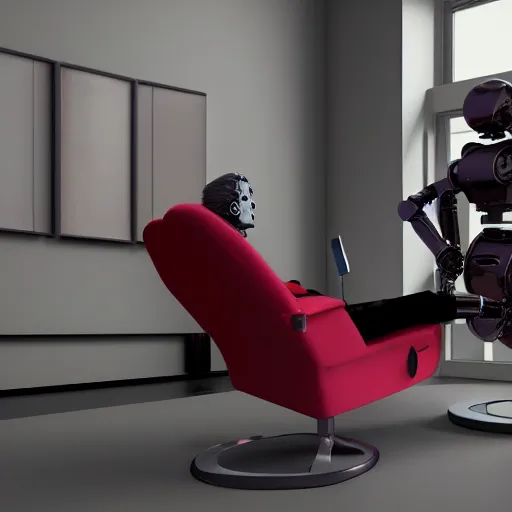 Prompt: futuristic studious matte brown and red and chrome full-body humanoid robot with two huge round expressive sad purple glowing LED eyes and open rectangular mouth sitting on a large comfortable cushioned 1950s vintage recliner reading a newspaper. open newspaper. Cinematic Movie Photograph, Arri Alexa, Extremely Detailed, smooth, very very clean, 8K, octane render, maya render, unreal engine, trending on artstation, DSLR, excellent composition, center frame