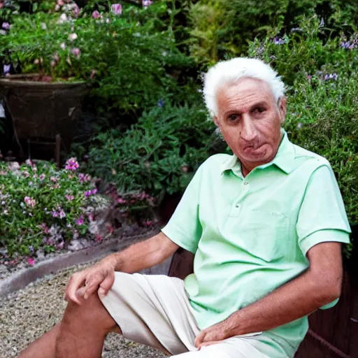 Image similar to mid white hair old man tanned skin with green shirt and white short, sitting in ile de re house garden