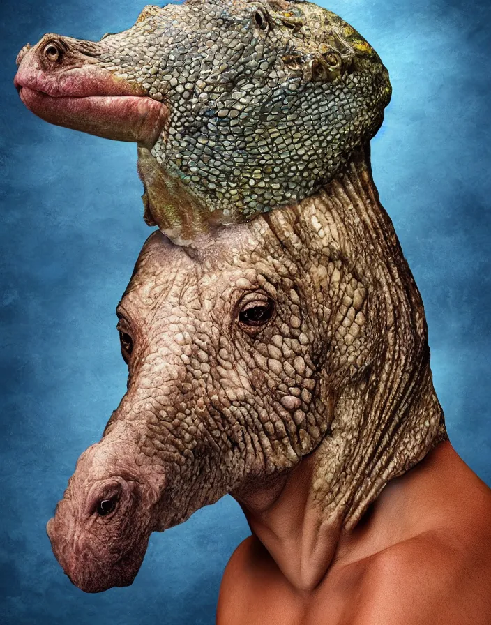 Prompt: portrait of muscular animal human merged head dolphin skin, scales, merged with monkey head, hippo face morphed, gills, horse head animal merge, morphing dog head, merging crocodile head, anthropomorphic, creature, solid background