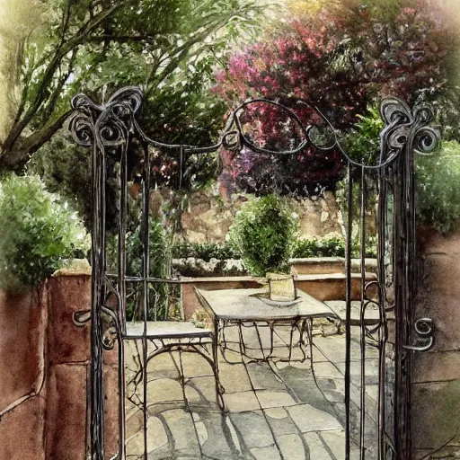 Image similar to delicate, chairs, garden, paved, botanic watercolors, iridescent, 8 k, realistic shaded, fine details, artstation, italian, iron gate, tree, mediterranean