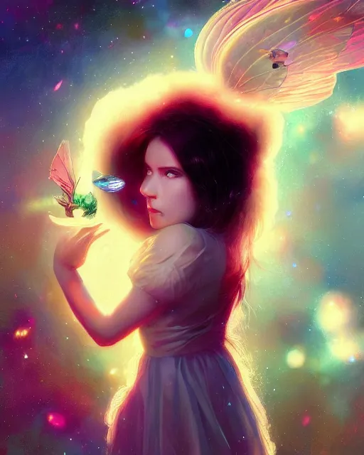 Image similar to a detailed image of an attractive!!!! girl with psychedelic! fairy wings holding!! a crystal!! containing all of reality and galaxies, by greg rutkowski artgerm ross tran ilya kuvshinov. volumetric lighting, digital art, subtle and detailed