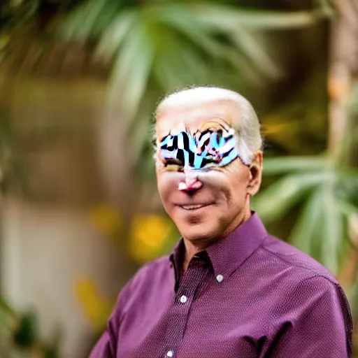 Image similar to A Photo Portrait of Joe Biden Wearing Indonesian Batik Tulis at a fancy Balinese restaurant, award winning photography, sigma 85mm Lens F/1.4, blurred background, perfect faces