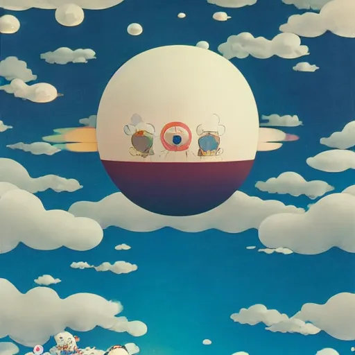 Image similar to a man walking on clouds away from the camera above kyoto by takashi murakami, beeple and james jean, aya takano color style, 4 k, super detailed, modern, 4 k, symmetrical