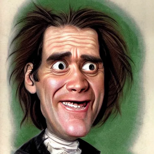 Image similar to jim carrey caricature realism, in the style of james gillray!