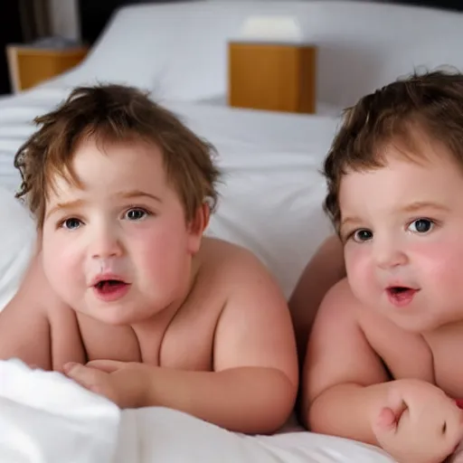 Prompt: two chubby boys on the bed