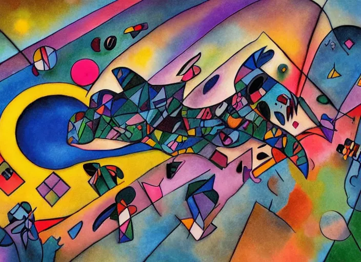 Image similar to 🦩🪐🐞👩🏻🦳, lowbrow, 8 k, matte painting, in the style of artist, kandinsky