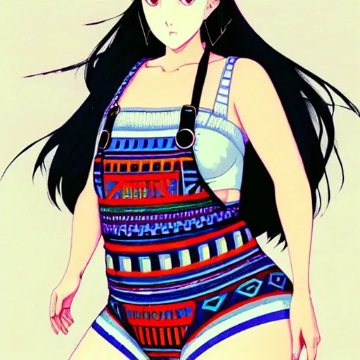 Image similar to a beautiful plus sized model japanese natalie portman, alluring plus sized model, wearing mayan leotard with overalls, street fashion hip hop style with mayan patterns, aztec street fashion, gapmoe yandere grimdark, trending on pixiv fanbox, painted by greg rutkowski makoto shinkai takashi takeuchi studio ghibli, akihiko yoshida