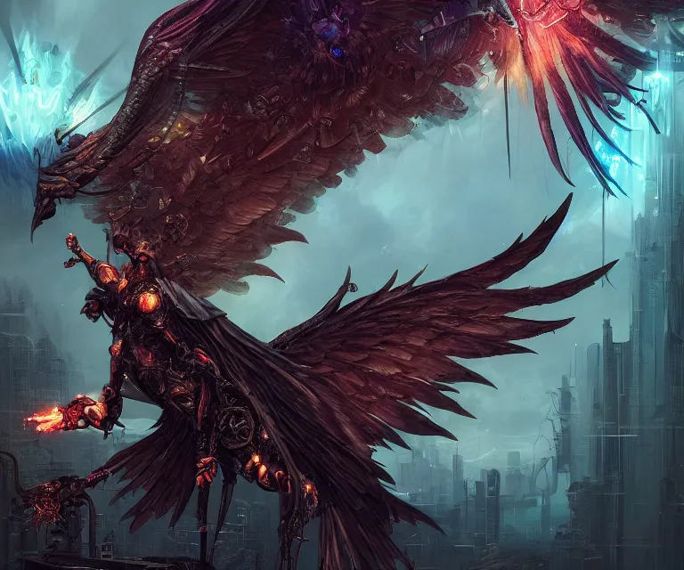 Prompt: a beautiful tarot card artwork of a cyberpunk fallen dark seraphim, horror, backlit, gloomy sky, highly detailed, digital painting, glorious wings, by eddie mendoza and greg rutkowski and dan mumford and artgerm, vivid colors, detailed shading, 8 k resolution, intricate, smooth