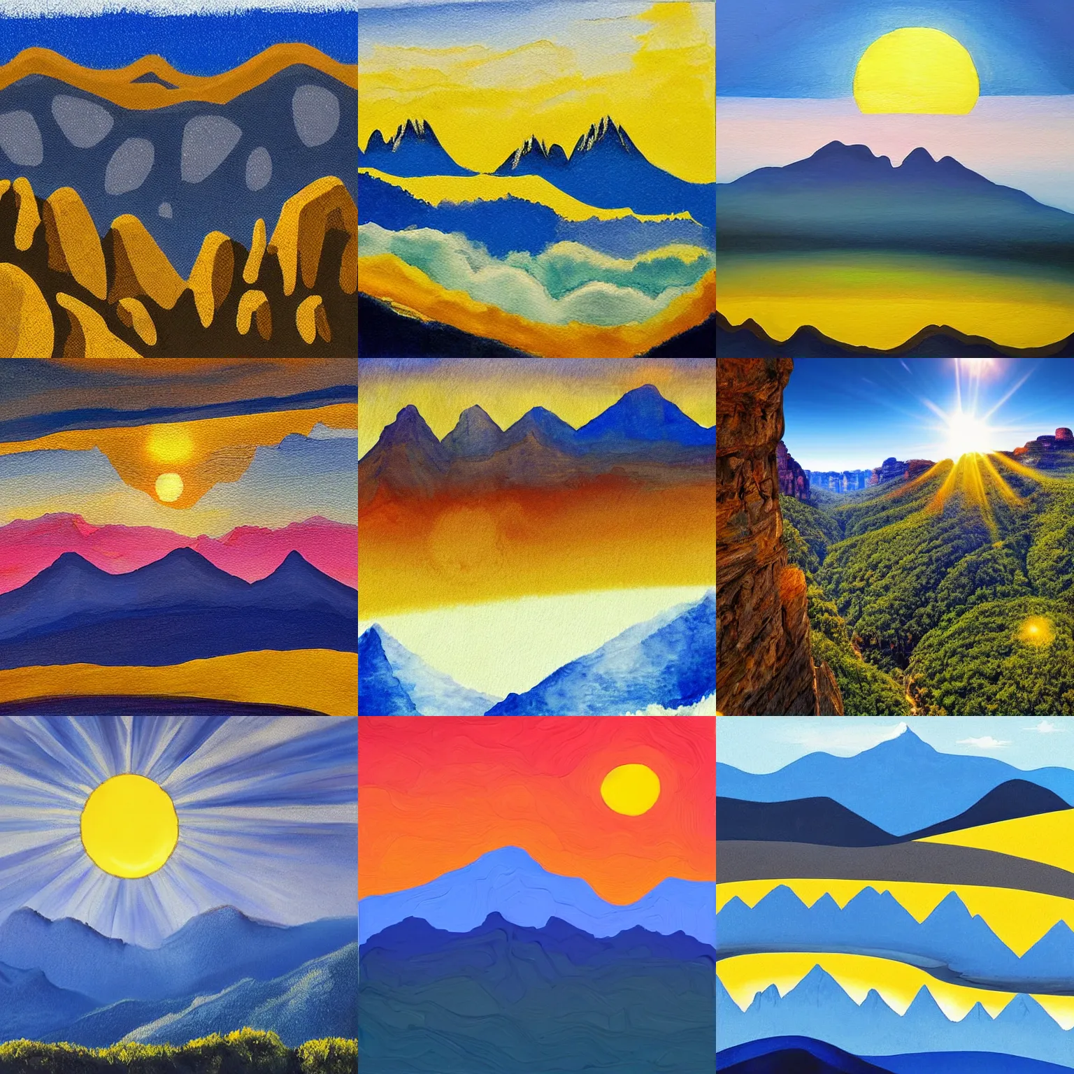 Prompt: beautiful artwork of layered blue mountains with a white background, a bright yellow sun.