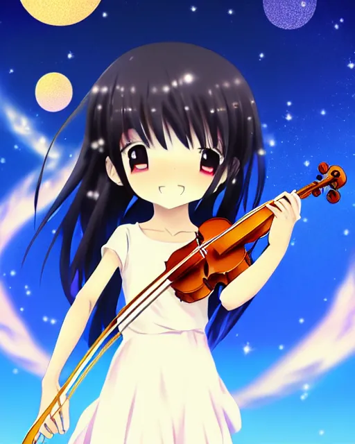 Image similar to anime style, chibi, full body, a cute girl with white skin and golden long wavy hair holding a violin and playing a song, heavenly, stunning, filters applied, lunar time, trending art, sharp focus, centered, landscape shot, happy, fleeting dream, simple background, studio ghibly makoto shinkai yuji yamaguchi, by wlop