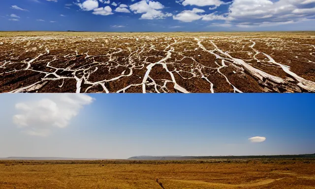 Image similar to panorama of big raindrops flying upwards into the perfect cloudless blue sky from a dried up river in a desolate land, dead trees, blue sky, hot and sunny highly-detailed, elegant, dramatic lighting, artstation, 4k, cinematic landscape, photograph by National Geographic