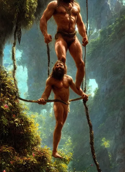 Prompt: sean connery as tarzan of the apes, digital art by eugene de blaas and ross tran, vibrant color scheme, intricately detailed, in the style of romanticism, cinematic, artstation, greg rutkowski