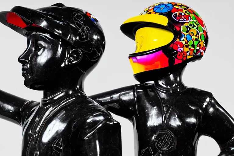 Prompt: photo of a glossy black marble statue of a girl with colorful motocross logos and motorcycle helmet with reflective mirrored visor, colorful smoke in the background, carved marble statue, fine art, in the style of takashi murakami,