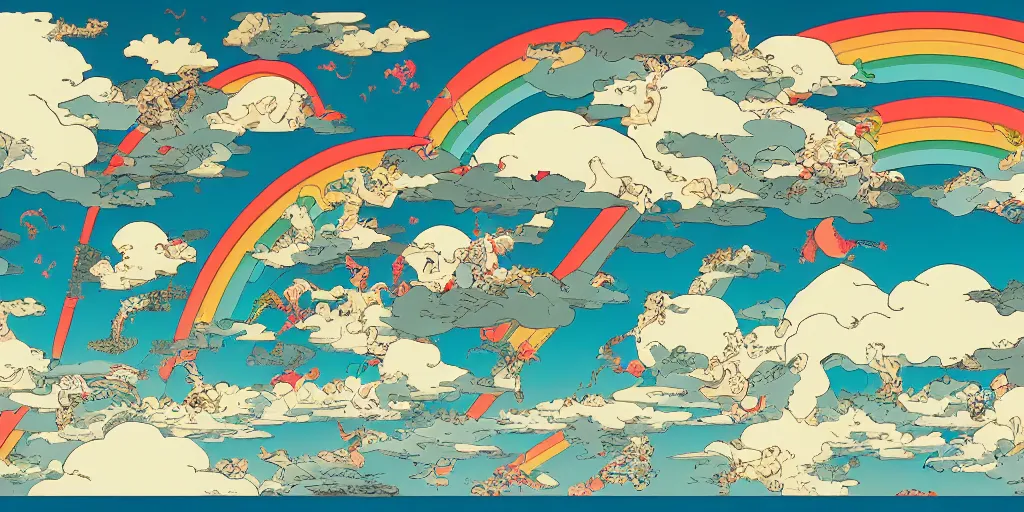 Image similar to rainbows, unicorns, and clouds isolated in the sky by Frank Miller and Hokusai, 8k, vector