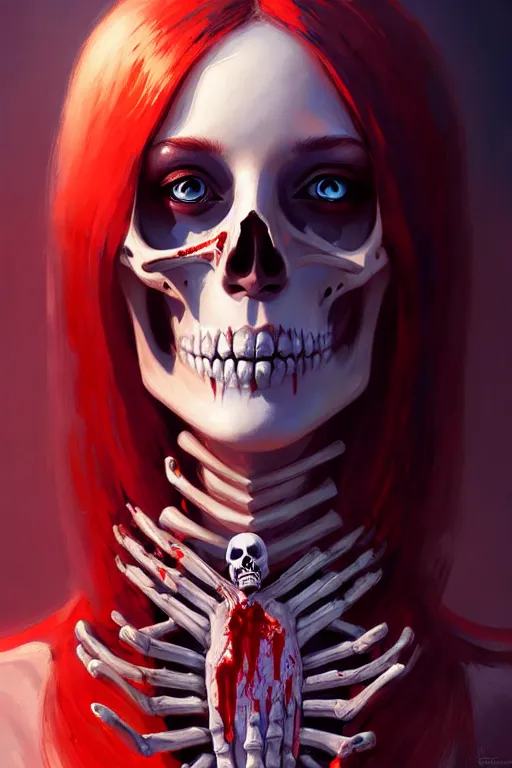 Image similar to extremely beautiful panting of goddess of the realm of the dead, half woman half skeleton, covered with blood, surrounded by skeletons, extremely high detailed face, artstation, by ilya kuvshinov, greg rutkowski and makoto shinkai, trending on artstation