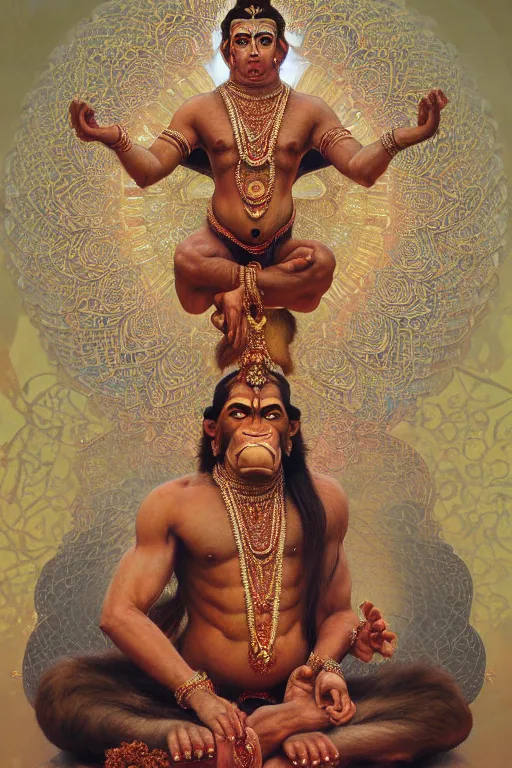 Image similar to a full body portrait of a beautiful ornated hanuman god, arms pointing up!!!, meditative sacral pose, hindu stages of meditation, intricate, elegant, highly detailed, digital painting, artstation, concept art, smooth, sharp focus, illustration, art by krenz cushart and artem demura and alphonse mucha