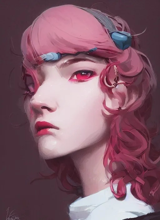 Image similar to highly detailed portrait of a girl with scarlet lips and pink eyes, tartan hoody, ringlet hair, short white hair by atey ghailan, by greg rutkowski, by greg tocchini, by james gilleard, by joe fenton, by kaethe butcher, gradient pink, black, red, cream and white color scheme, trending in pinterest, award winning details
