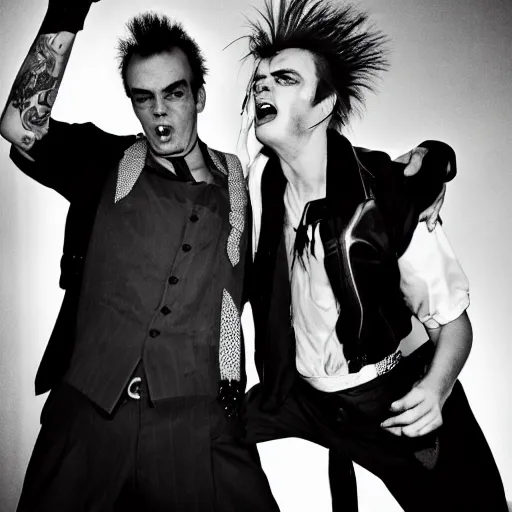 Image similar to syd vicious and johhny rotten, fighting baackstage, press photograph, high contrast, flash photography, wide angle