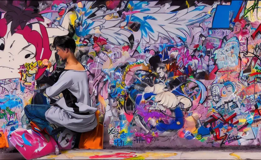 Prompt: a scene where a graffiti artist is tagging a wall, digital painting masterpiece, painted by joji morikawa, by osamu tezuka, by yukito kishiro, by ikuto yamashita, 4 k wallpaper, beautiful, gorgeous