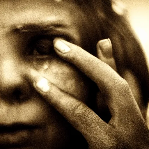 Prompt: sad world 50mm award winning photo of a person crying dramatic photo, emotional, desperation, inspiration, beautiful photography, cinematic, close up,