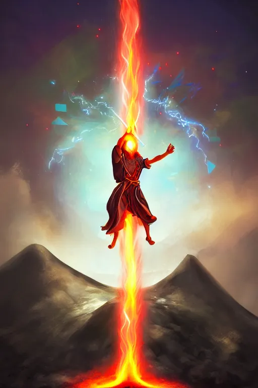 Image similar to levitating mage wielding a spear opening a shining portal pulsating in the night sky, horizon of an erupting volcano, trending on artstation, cgsociety, behance hd